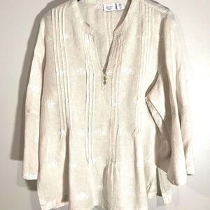 ANTIBES BLANK Linen shirt Tunic neutral beige Floral Embroiled women’s 1X
